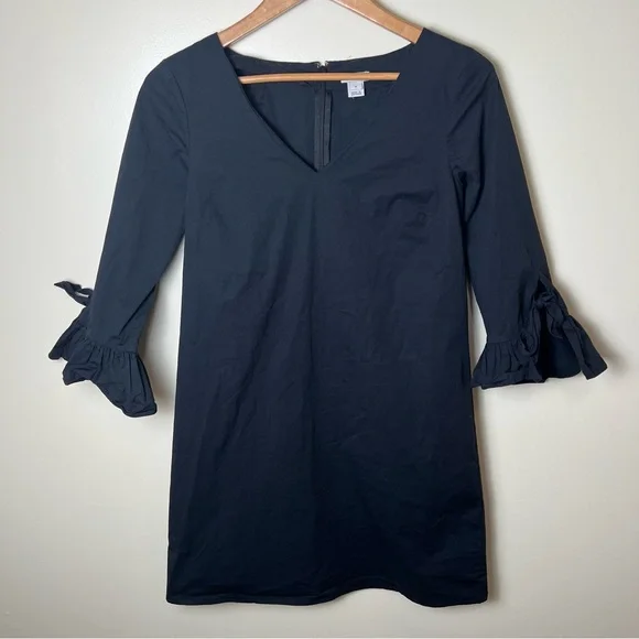 J.Crew Women’s V Neck Ruffle 1/2 Sleeve Shift Mini Dress Cotton Black Size 6 - Picture 1 of 8